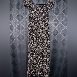 SHEIN Black Floral Dress with Cream and Green Accents